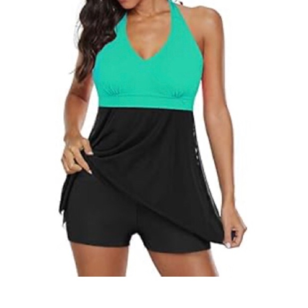 Halter Tankini One-Piece Swimdress in Teal and Black size large